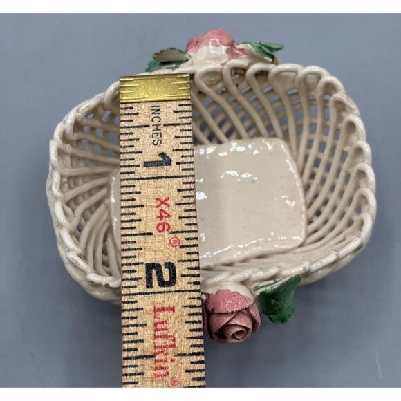 Vtg Italian Ceramic Lattice Basket Pink Rose Trinket Ring Dish Decor - Picture 7 of 7
